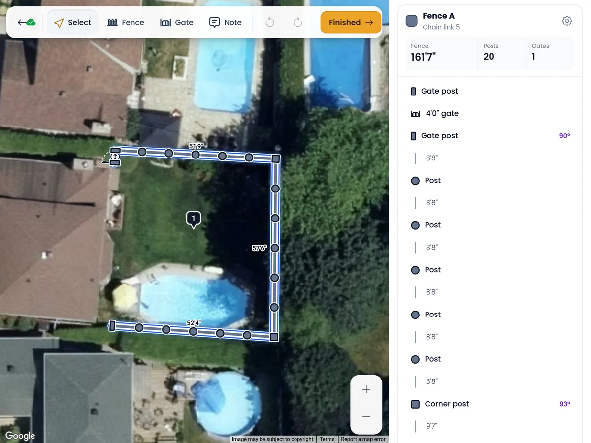 A chain link fence drawn on the satellite photo, its posts counted in the panel
