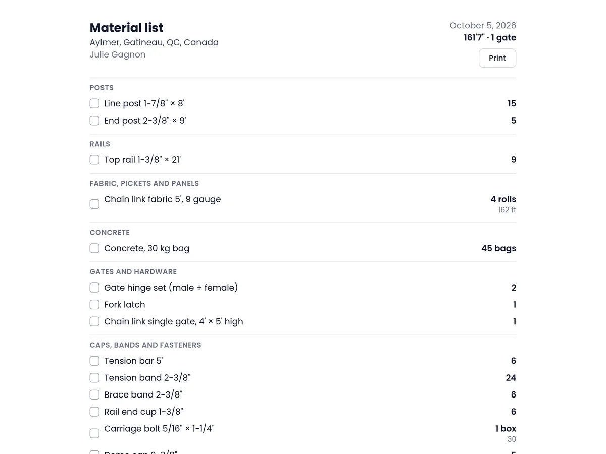 The material list of a job, ready to print