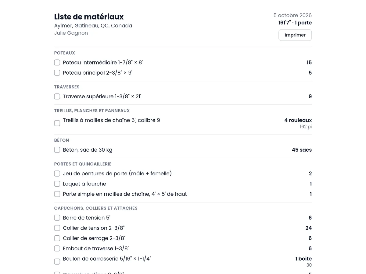 La liste de matériaux d'une job, prête à imprimer