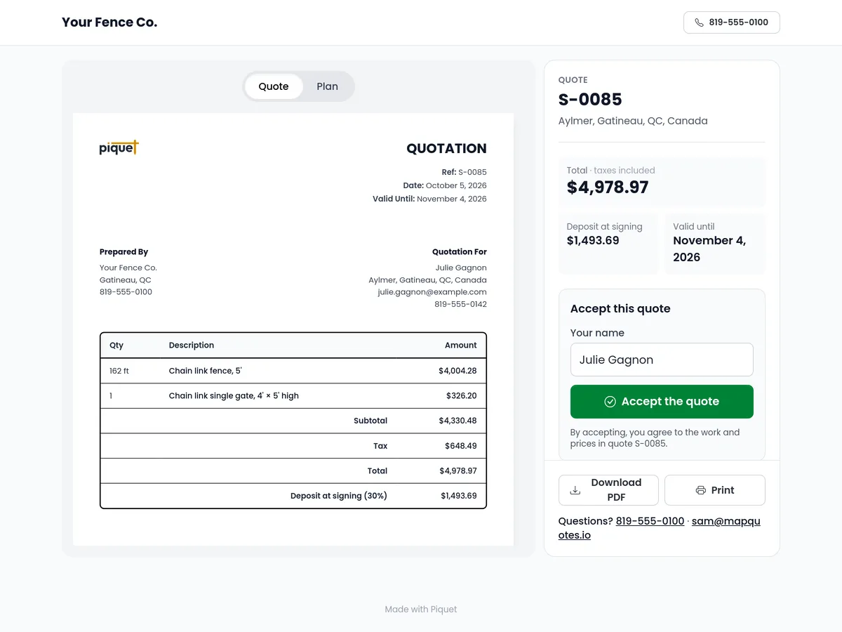 The customer's page with the Accept button
