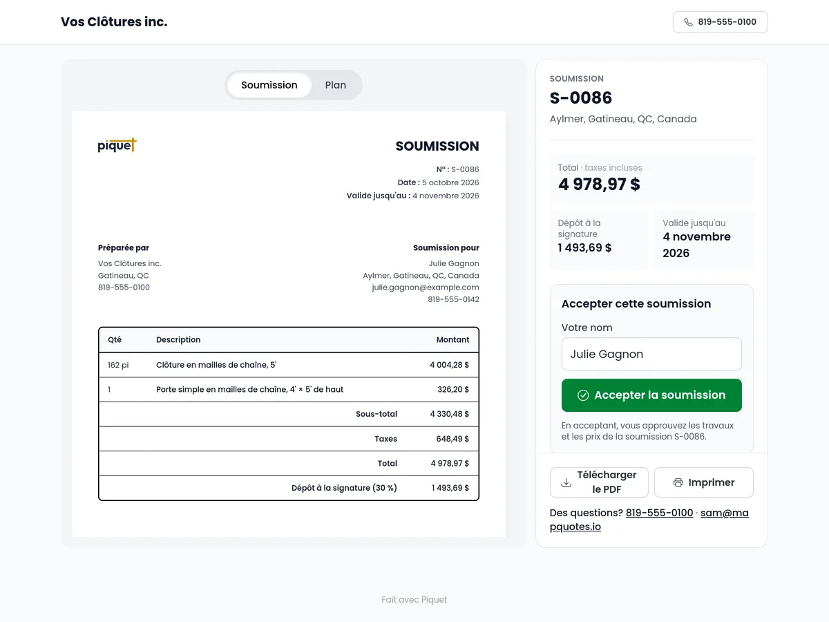 La page du client avec le bouton Accepter