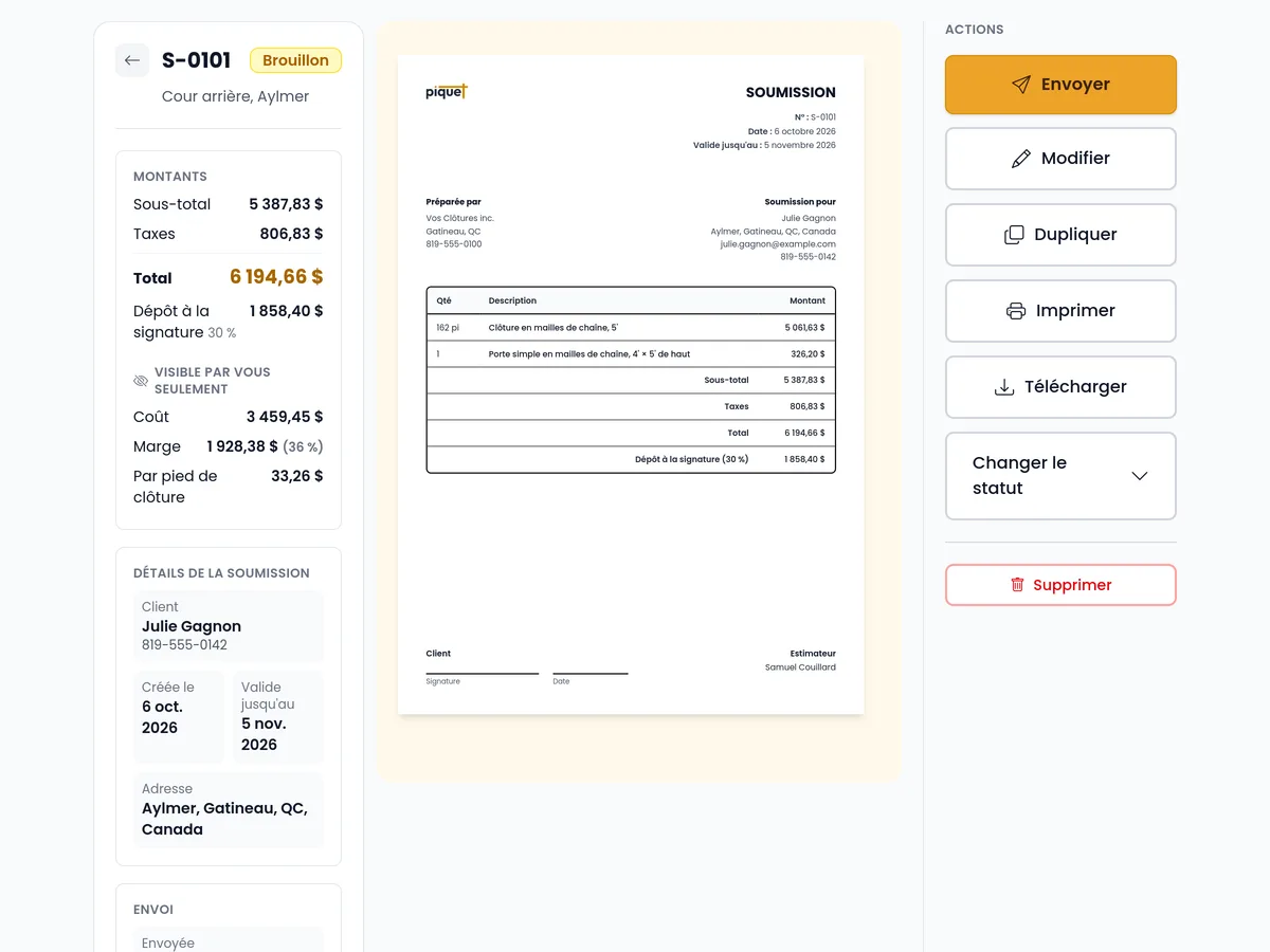 La soumission telle que le client la reçoit