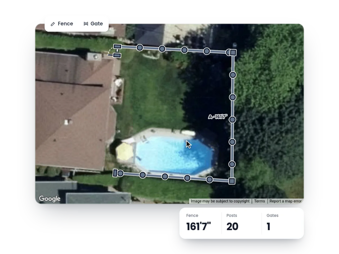 A backyard fence drawn in Piquet, with its posts and gate counted