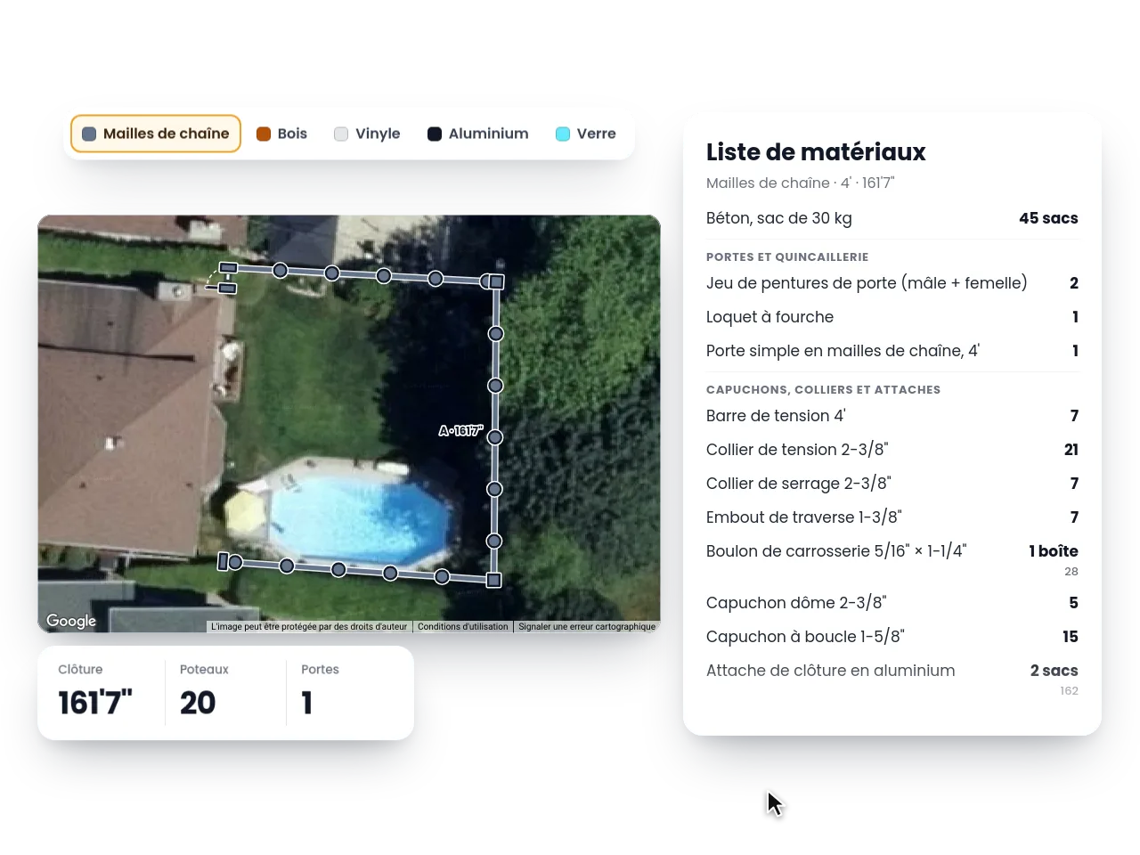 La liste de matériaux que Piquet a faite à partir du dessin