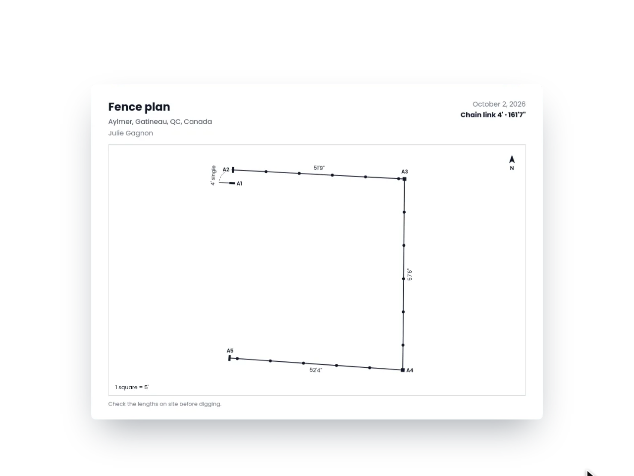 The fence plan printed from the drawing, with its lengths and posts