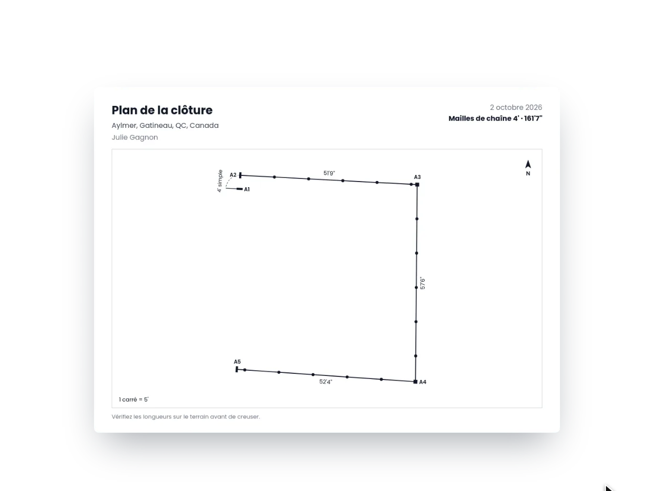 Le plan de la clôture imprimé à partir du dessin, avec ses longueurs et ses poteaux